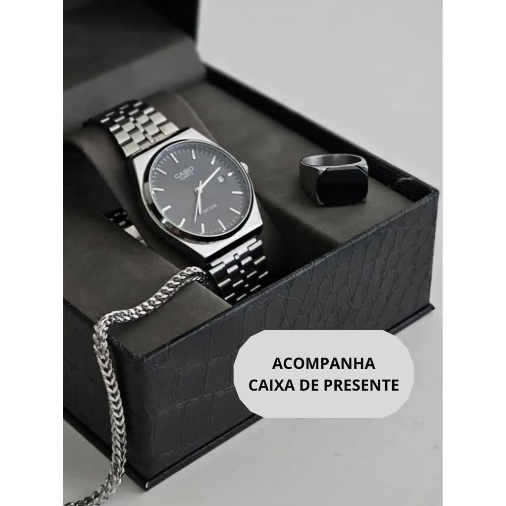 KIT Presente Dia dos Pais com Relógio + Pulseira + Anel + Caixa de presente Aço Inoxidável Conjunto Masculino
