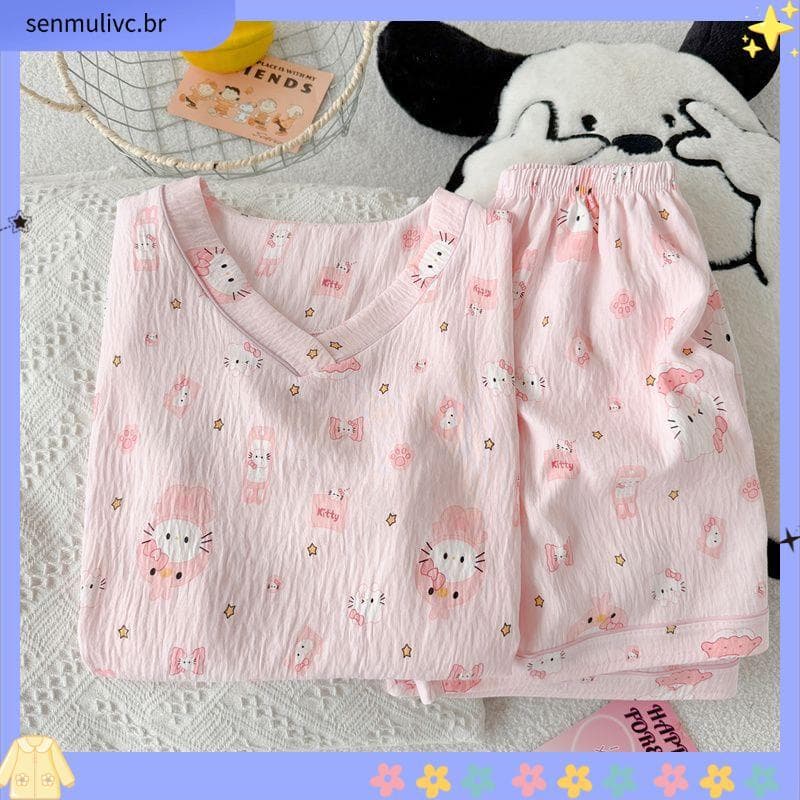 Listrado bonito dos desenhos animados nuvem pijamas feminino Shorts de manga curta com decote em V pulôver verão menina