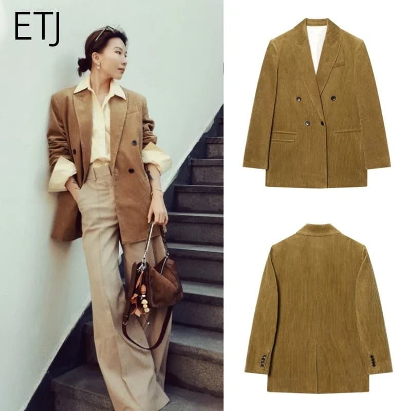 Blazer Feminino de Veludo Cotelê ETJ, Corte Oversized, Estilo Relaxado, Jaqueta de Moda para Trabalho de Escritório 2026