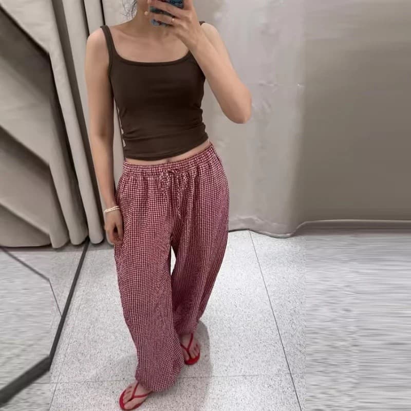 Calças Femininas de Verão 2026, Nova Moda, Xadrez, Cintura Elástica, Calças de Cintura Alta, Estilo Chic, Conforto para