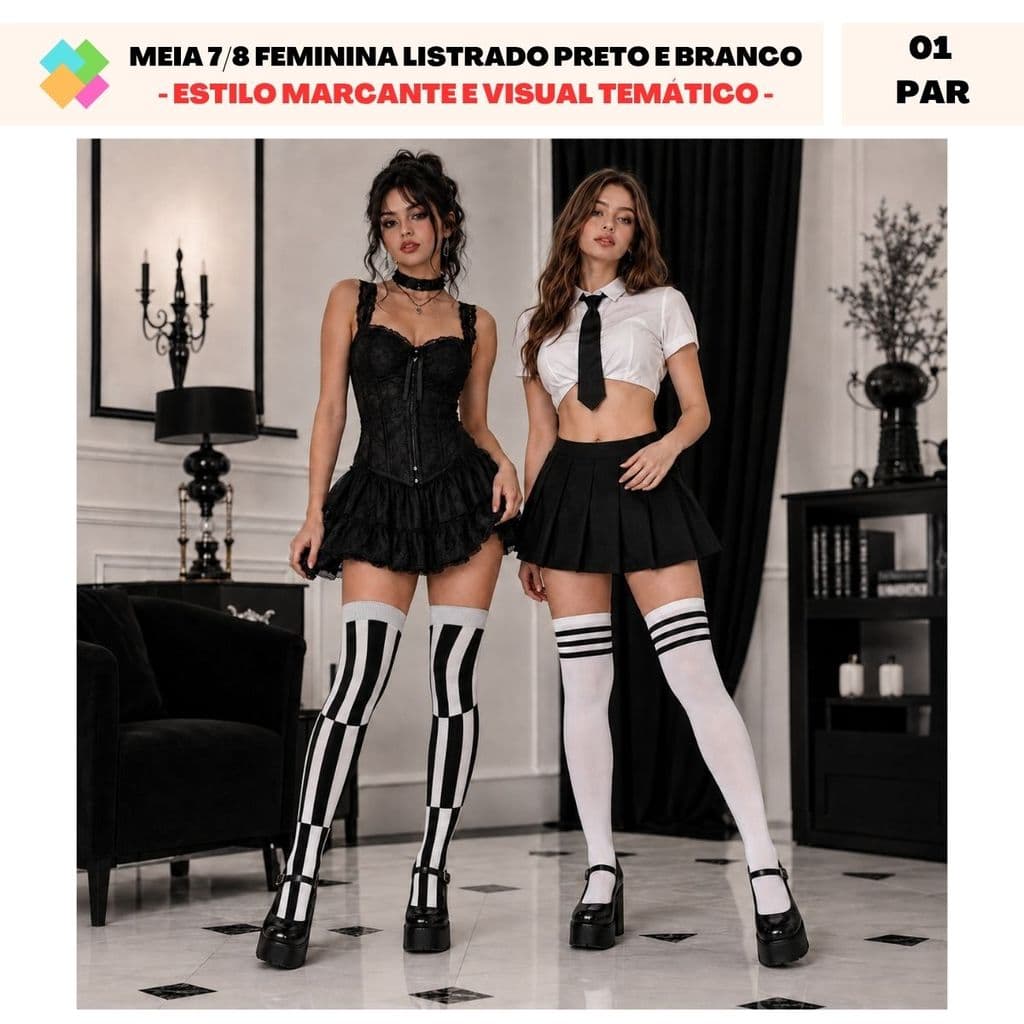 Meia 7/8 Feminina Listrado Preto e Branco (Estilo Marcante e Visual Temático) (1 Par)