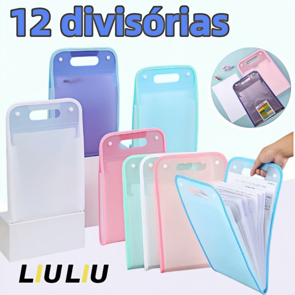 Pasta Organizadora Sanfonada A4 12 Divisórias Leve Impermeável para Guardar Provas e Apostilas Escolares