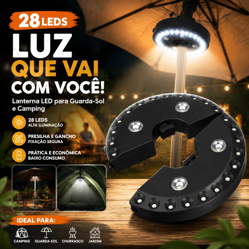 Lanterna LED Para Guarda-Sol E Camping 28 LEDs Com Gancho E Presilha Para Tenda Área Externa