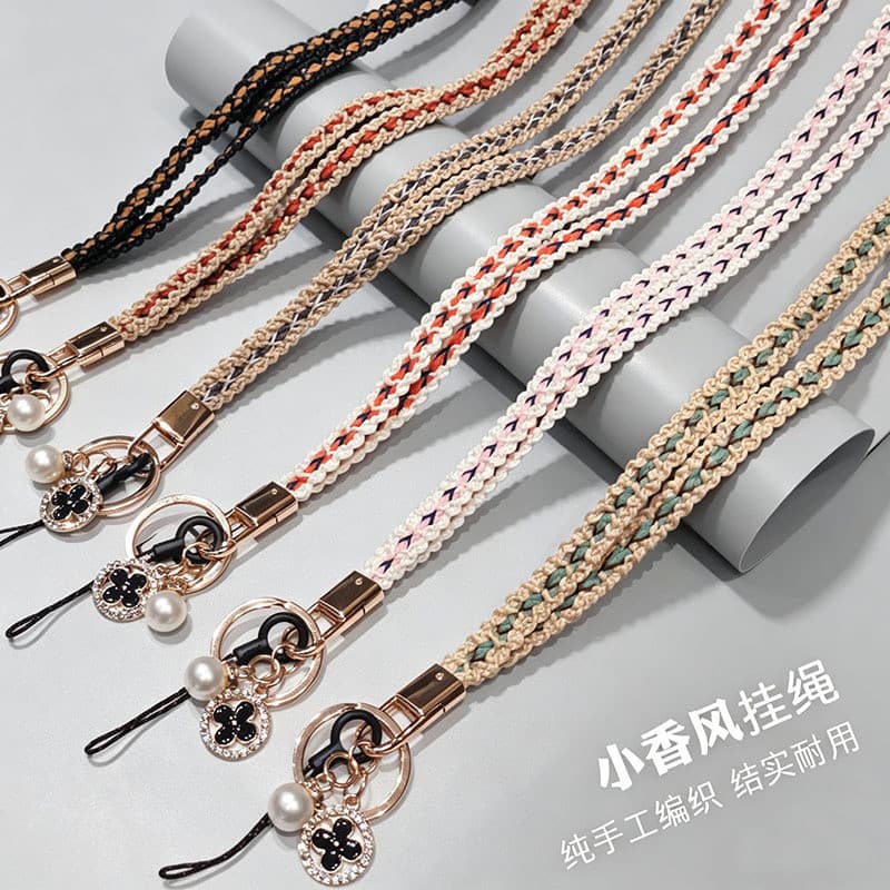 Trevo de quatro folhas pequena fragrância pérola cordão do telefone móvel pendurado pescoço feminino longo lã trançado c
