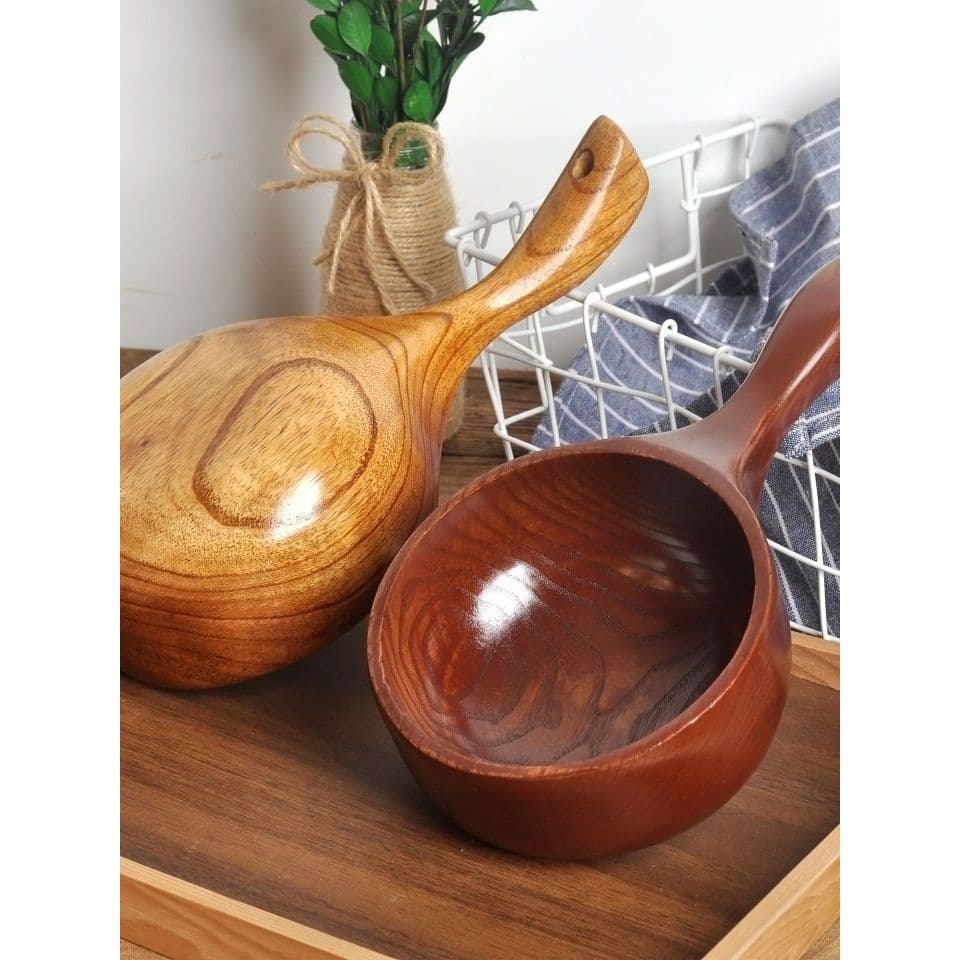 Influenciador com cabo de madeira inteira estilo coreano Comer semeadura Concha de água Colher medidora de madeira maciç