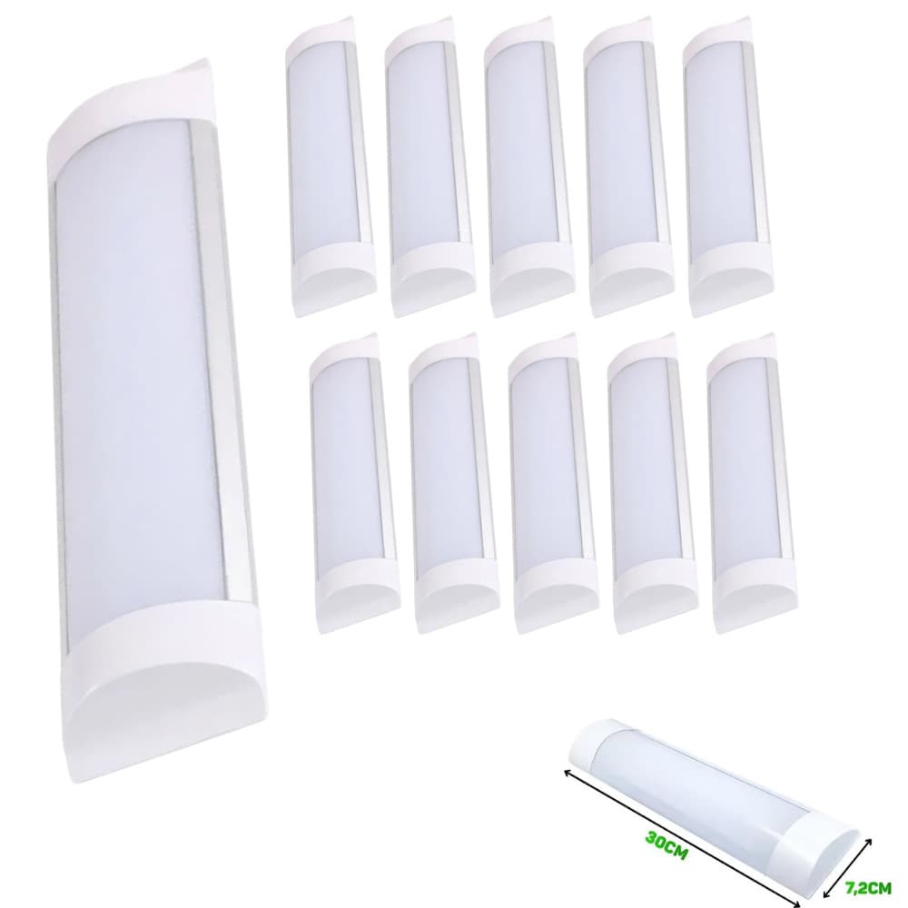 Kit 20 Luminária Led Linear Tubular Slim 9w Sobrepor 30cm Branco Frio 6500k Bivolt 85v-220v