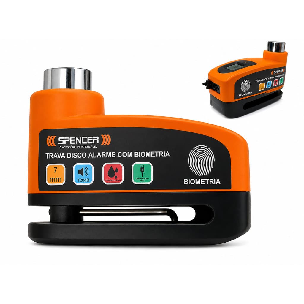 Trava Disco Moto Spencer Alarme 120dB Biometria Laranja