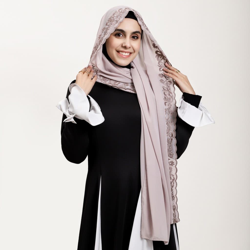 [Estoque pronto] Cor sólida borboleta bordada renda respirável pérola chiffon lenço longo adequado para a pele macio chi