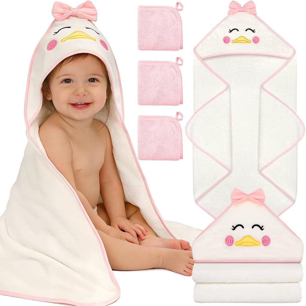 Conjunto de 4 Toalhas para Bebê Flasoo, Toalhas e Panos de Banho Macios para Bebê, 1 Toalha com Capuz e 3 Panos de Banho
