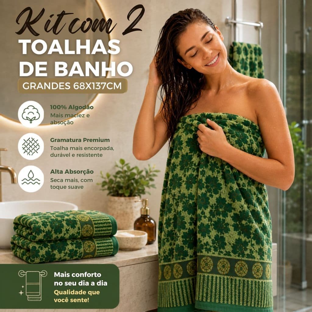 Kit 2 Toalhas Banho Premium 68 x 137cm Algodão e Poliéster Alta Qualidade