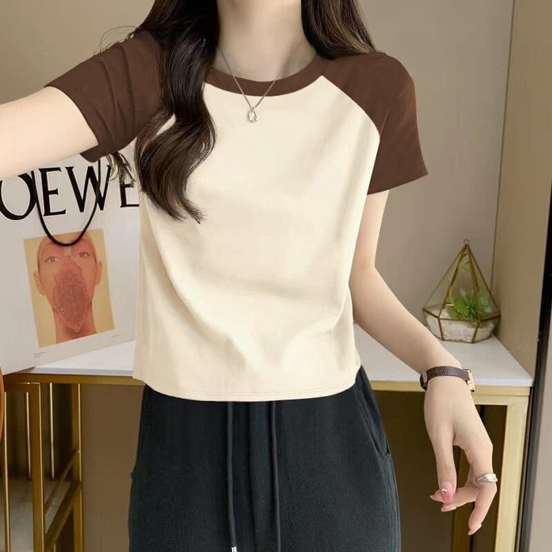 Pequeno curto topo puro algodão de manga curta camiseta feminina verão novo estilo mais magro olhar contraste cor Raglan