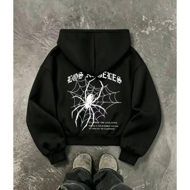 Moletom Zipper Unissex Canguru com Capuz Estampa Aranha Los Angeles Streetwear Flanelado Casual