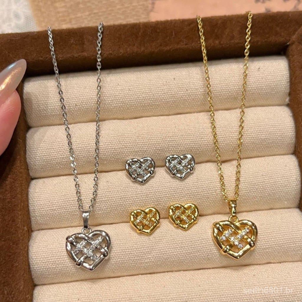 Brincos e colar de zircônia para mulheres, acessórios leves e elegantes, pingente em forma de coração, joia de clavícula