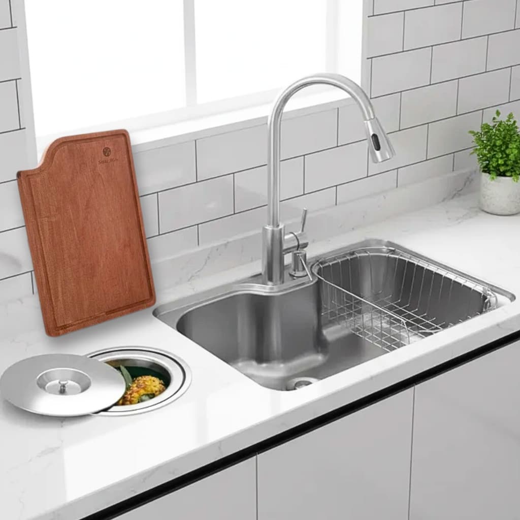 CUBA 60X42 INOX ESCOVADO+TORNEIRA EXTENSÍVEL TÁBUA E LIXEIRA