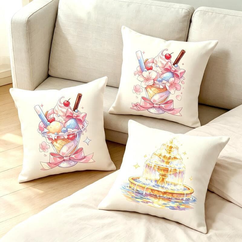 Almofada Linho Sorvete Sakura Laço Rosa Decoração Estética Quarto 45*45cm (0291-0300)