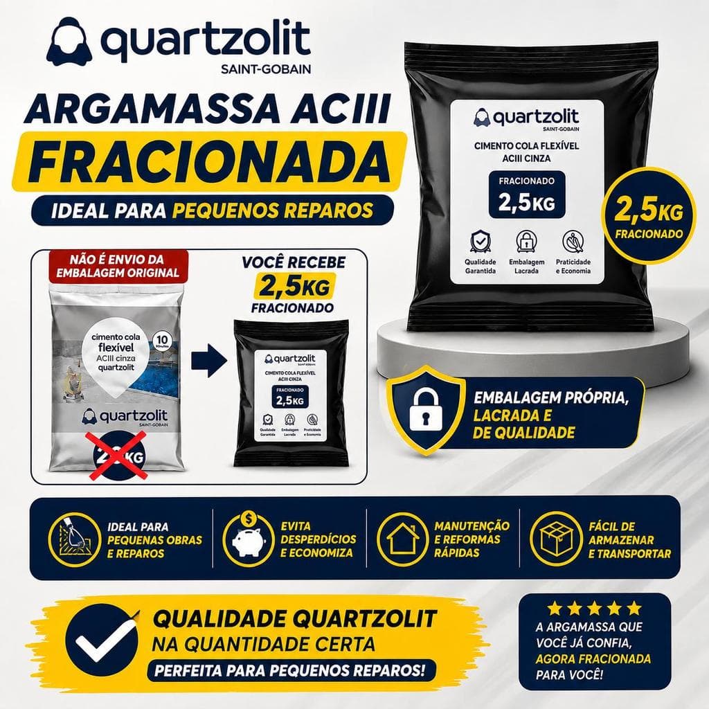Argamassa ACIII Forte Cinza Fracionada Quartzolit Pacotinho de 2,5Kg Pequeno Reparo Externos Interno