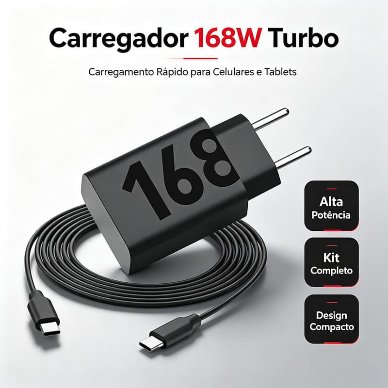 Carregador Super Rápido Turbo 168w Fonte Tipo C para celular com Todos Celulares Type-C Seguro