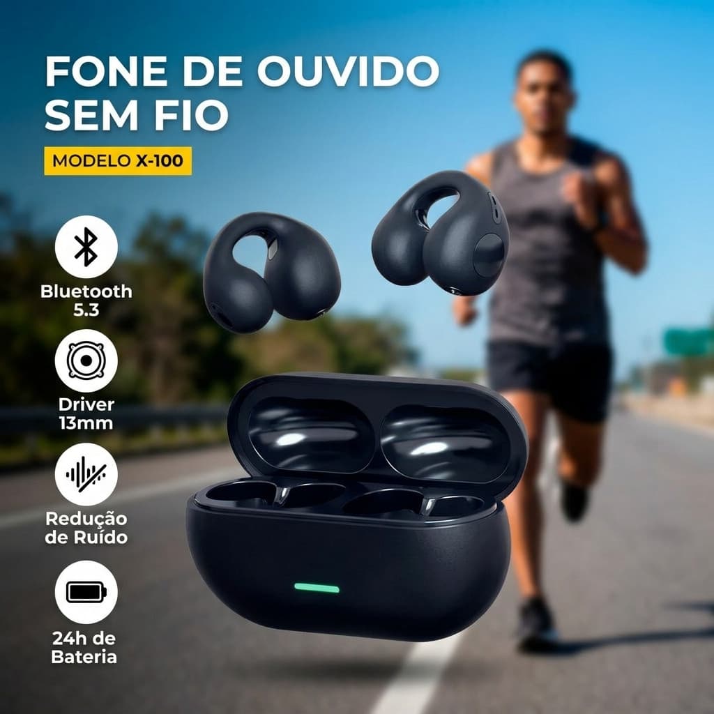 Fone Bluetooth Open Ear Sem Fio TWS Esportivo para Corrida Academia e Chamada/USB/Type-C