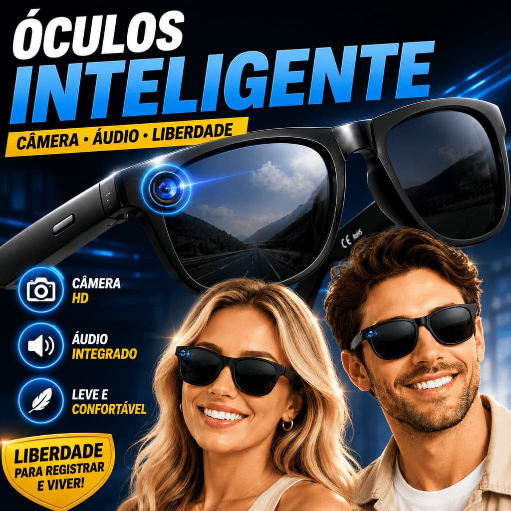 Óculos Inteligente Smart Glasses Câmera HD 1080p Bluetooth Tradutor Inteligência Artificial Foto Vídeo Chamadas Top