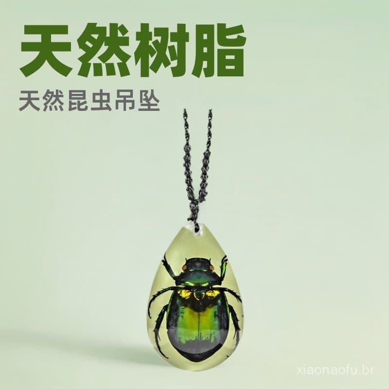 Pingente em Forma de Gota de Água com Inseto Natural Embutido em Resina de Cristal, Popular, Único, com Corda Trançada,