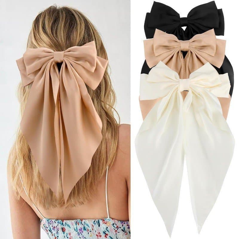 Faixa de cabelo feminina preta cáqui, presilha grande, laço grande de cetim de seda para meninas, acessórios de presilha