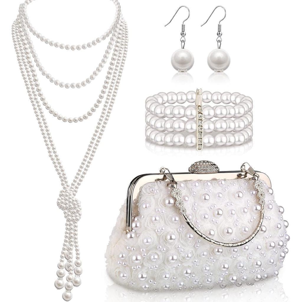 Conjunto de Joias de Pérolas dos Anos 1920 para Mulheres com Clutch Vintage com Corrente, Brincos Pendentes de Pérolas F
