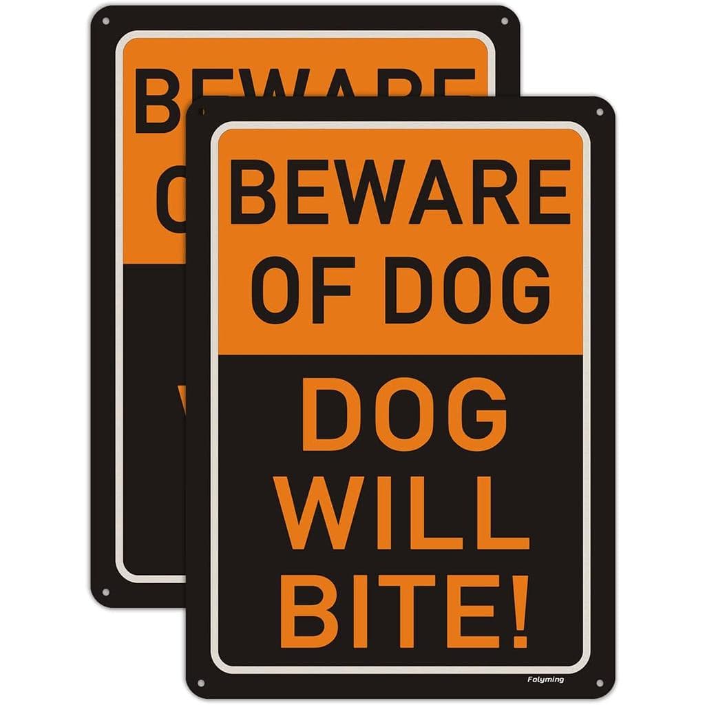 Pacote com 2 Placas de Advertência "Cuidado com o Cão, Ele Morde" 14 x 10 Polegadas, Metal Refletivo, Alumínio Resistent