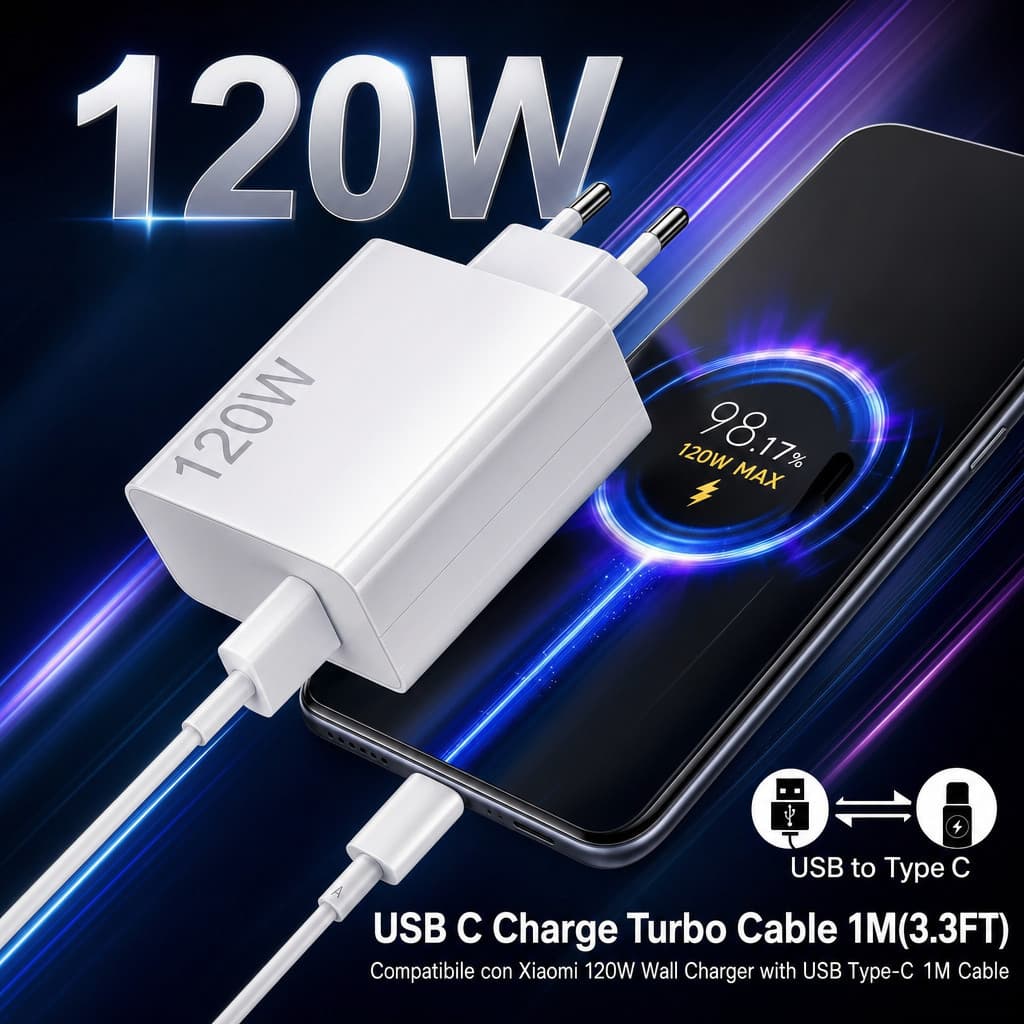 Carregador Rápido 120W 6A Turbo Power, Cabos USB Tipo‑C 1M Compatível com Mi Turbo Charge Alta Velocidade