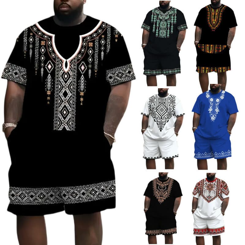 Camisa estampada em 3D no estilo europeu e americano, conjunto de estampas digitais em estilo retrô solto, shorts étnico