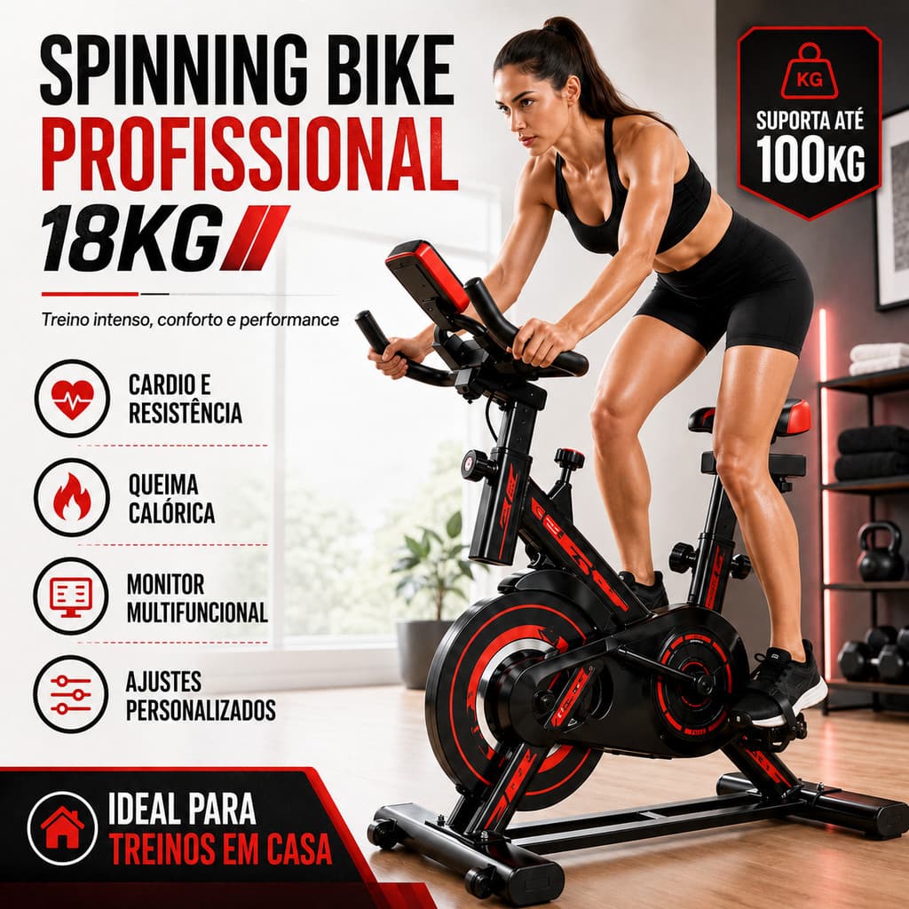 Bike Spinning Ergométrica Profissional 18kg para Exercícios Cardio Treino Fitness Academia Residencial