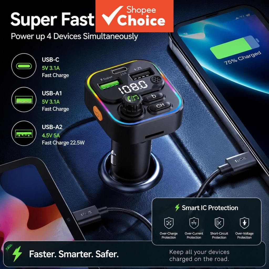 2026 Transmissor FM Veicular Bluetooth 5.3 Kit Mãos Livres Sem Fio USB-C Carregador Automotivo Adaptador de Rádio FM