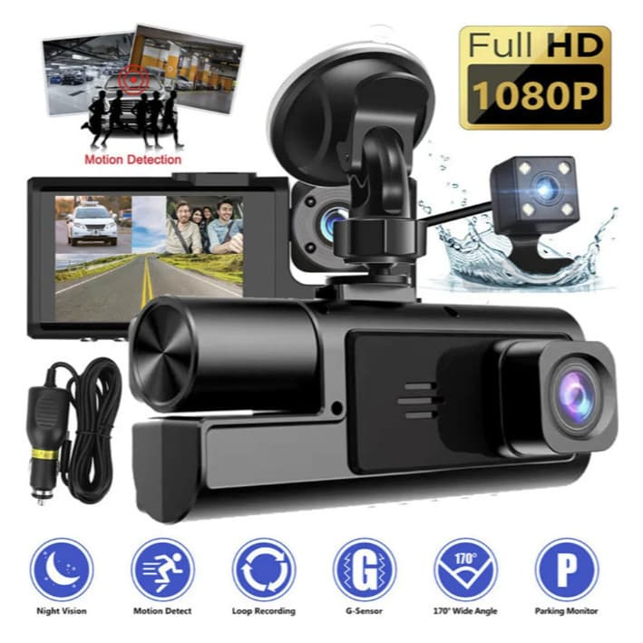 Câmera Veicular Tripla Dash Cam com Visão Noturna Frontal Interna e Traseira