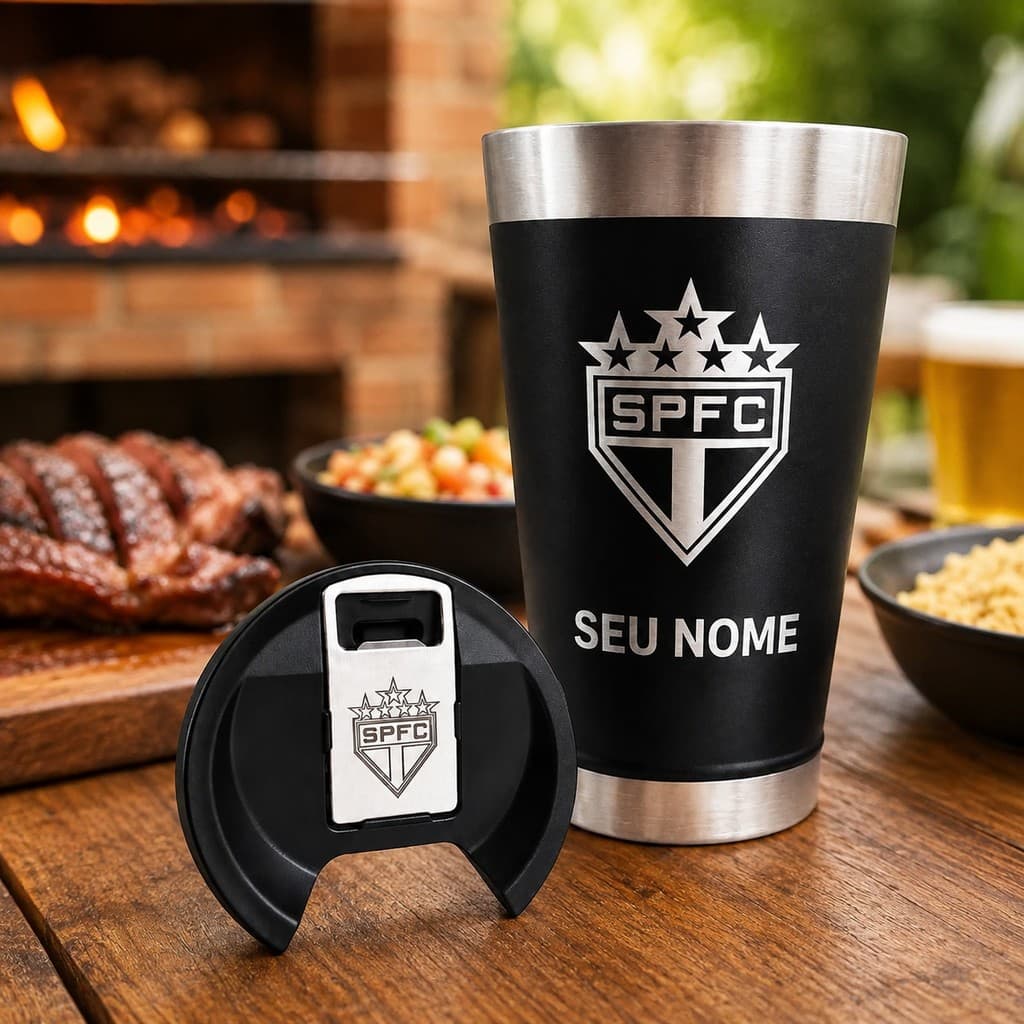 Copo Personalizado Time e Nome Com Tampa e Abridor de Garrafa