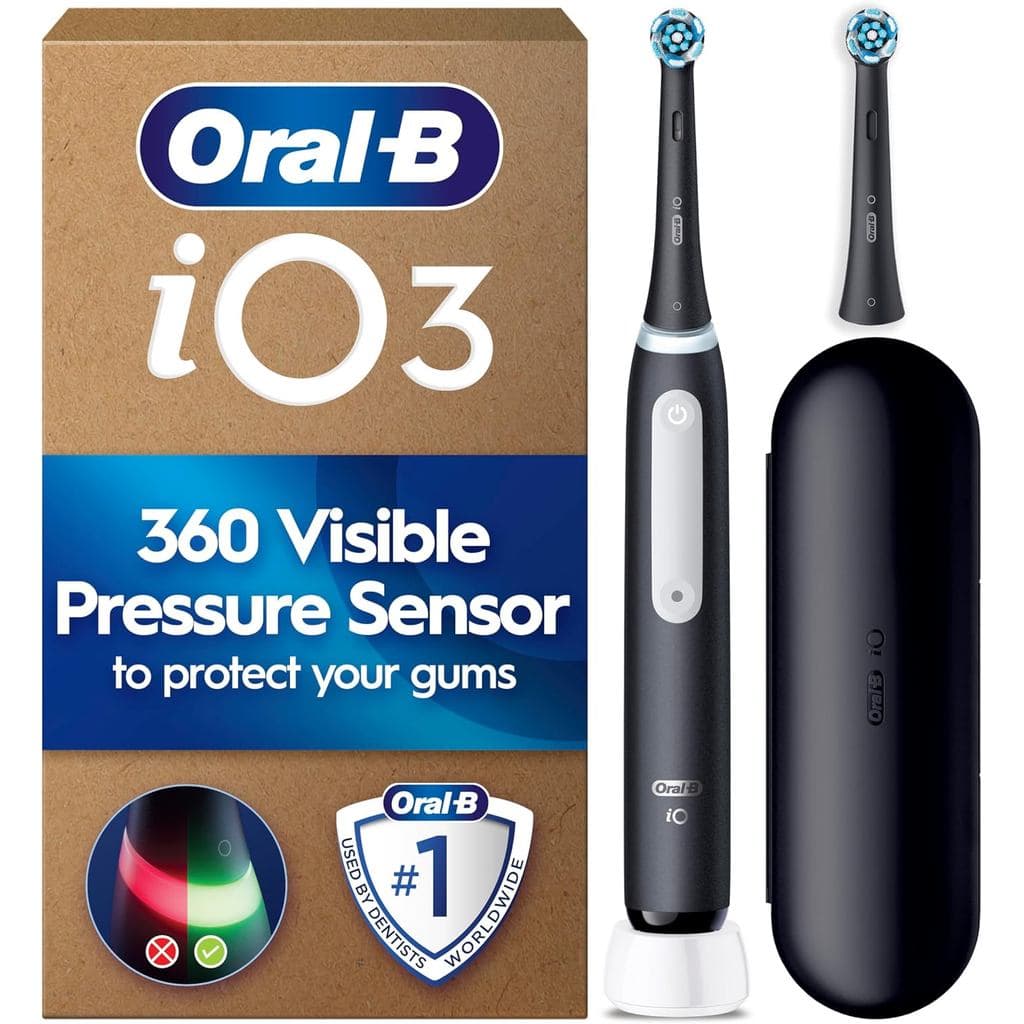 Escova de Dentes Elétrica Oral-B iO3 para Adultos, Preto Fosco, Sensor de Pressão, Com 2 Cabeças de Escova, Bateria de L