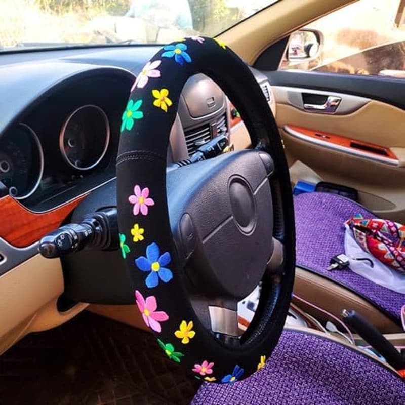 Capa De Volante Do Carro 15in Bordado Flor Padrão Bonito Para Mulheres Substituição 4 Temporada Acessórios Decorativos