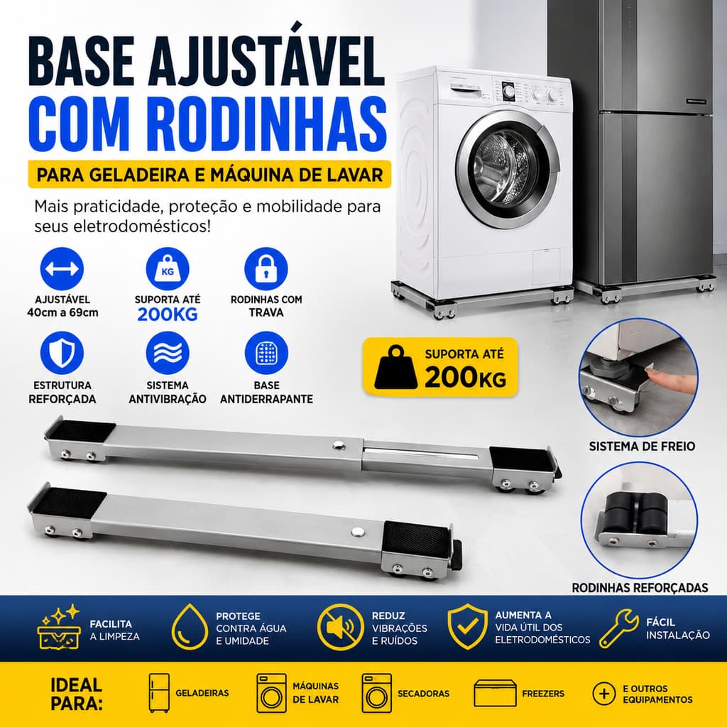 Base Para Geladeira e Máquina de Lavar Com Rodinhas Ajustável 40 a 69cm Reforçada Até 200kg