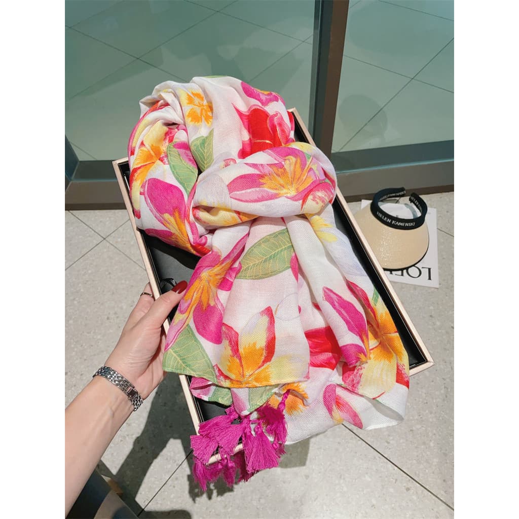 Blooming flor lenço de seda feminino primavera verão viagem beira-mar protetor solar grande xale outono fino algodão lin