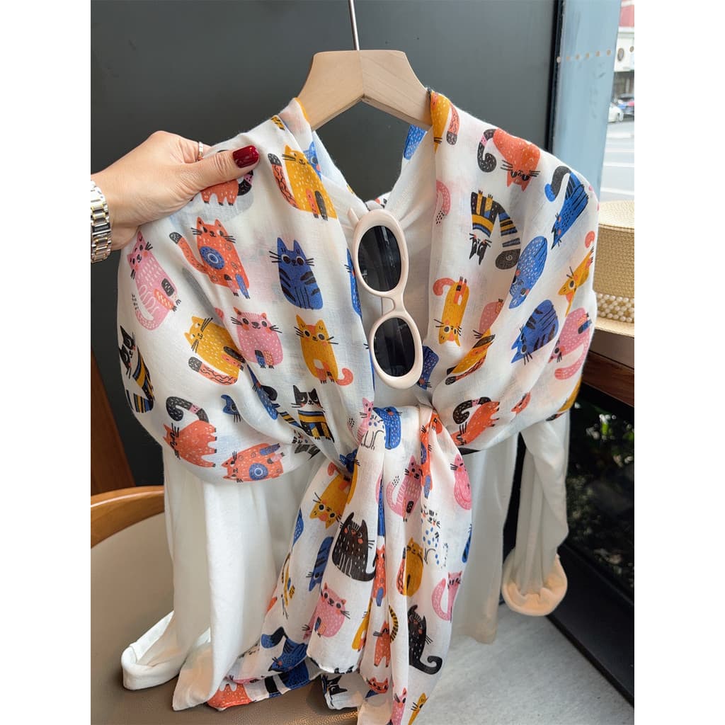 Bonito gatinho lenço de seda feminino primavera verão viagem protetor solar sombra xale ar condicionado quarto gaze fino