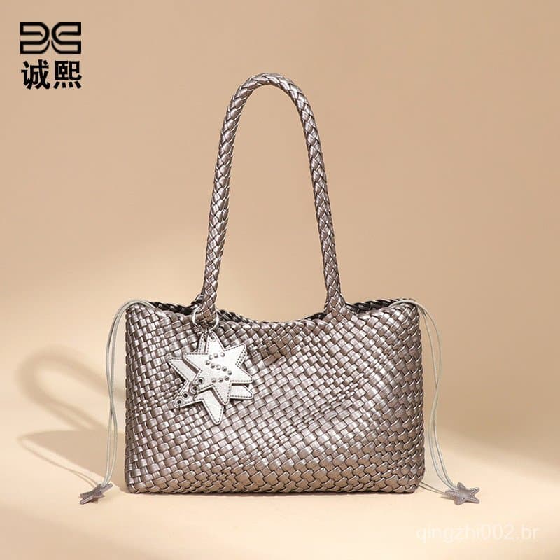 Bolsa feminina tecida à mão, bolsa de ombro moderna, bolsa casual texturizada, bolsa de mão mãe-filha 7.21 J9AS