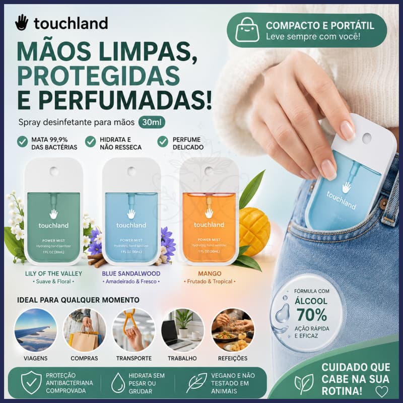 MIIUROSE Touchland Spray Desinfetante para Mãos 30ml Desinfetante antibacteriano para mãos com aroma hidratante, sem nec
