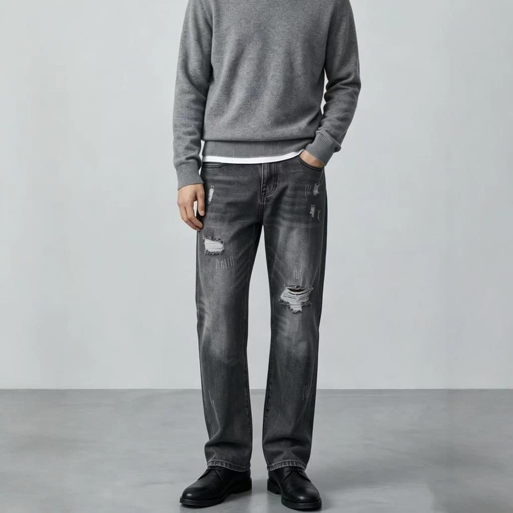 Europeu americano novo estilo rasgado americano Retro reto solto Drape Jeans de perna larga moda estilo único