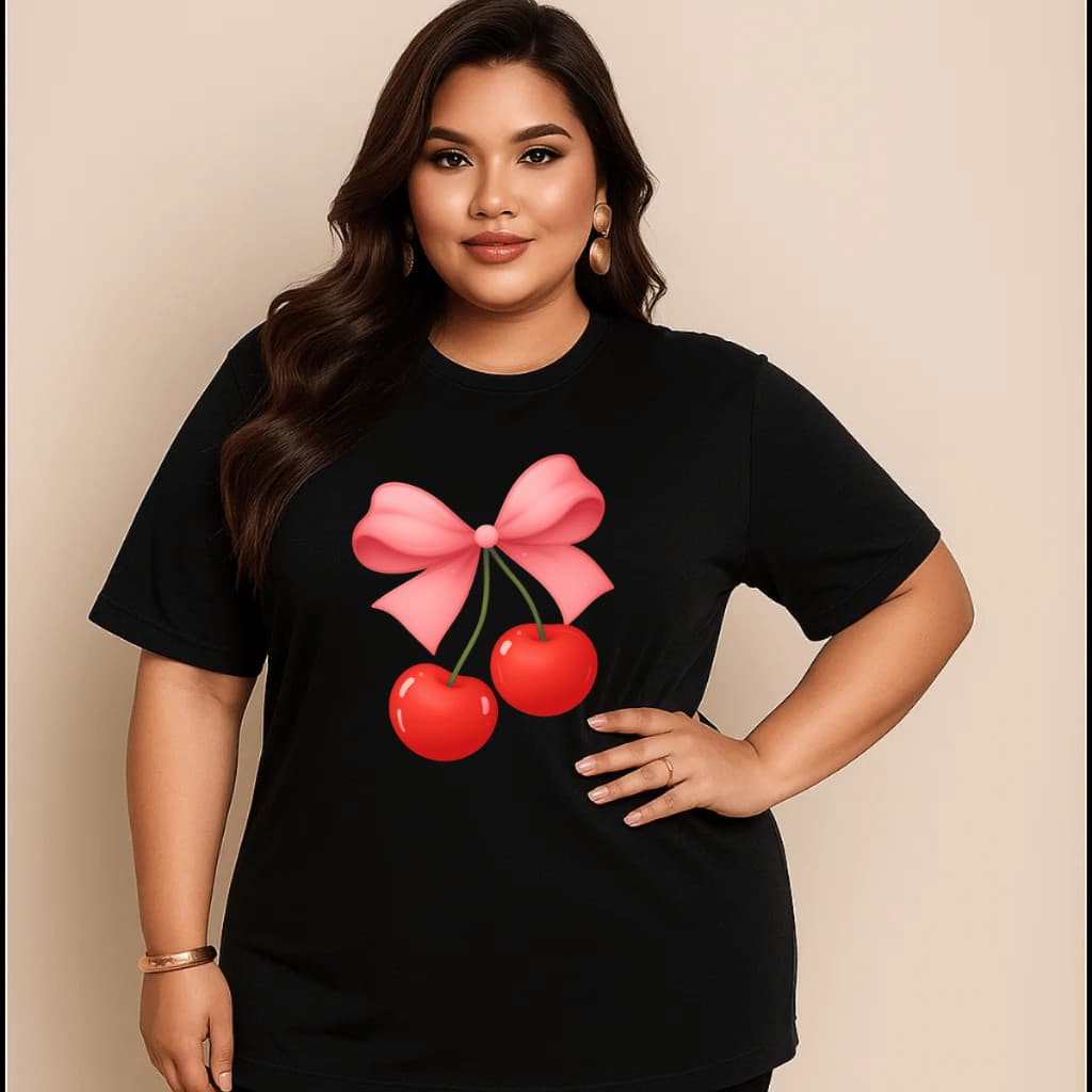 Camiseta Plus Size Feminina Estampada Do P Ao G5 Cereja Laço Academia Treino 100% Algodão Premium Verão
