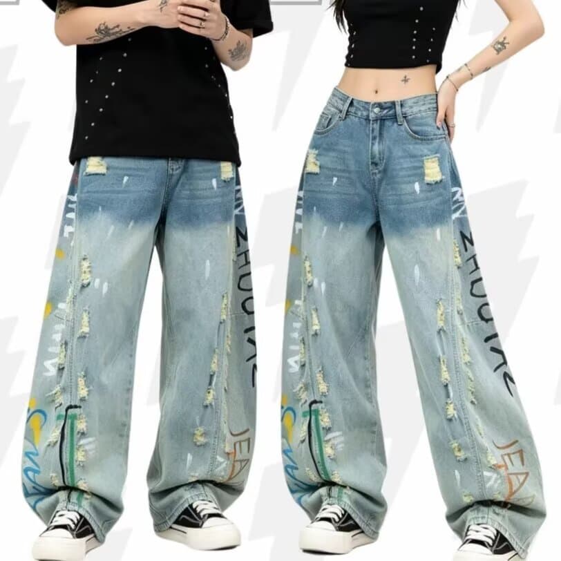 2026 novo estilo verão pintado à mão Graffiti carta rasgado gradiente Machete Jeans masculino único solto largo