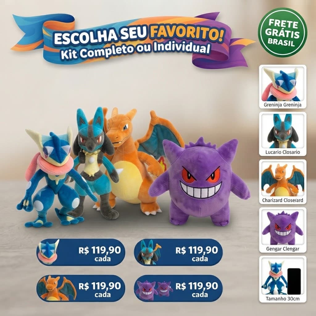 Pelúcia Pokémon 30cm Greninja Lucario Charizard Gengar Boneco Anime Fofo Pronta Entrega Brasil