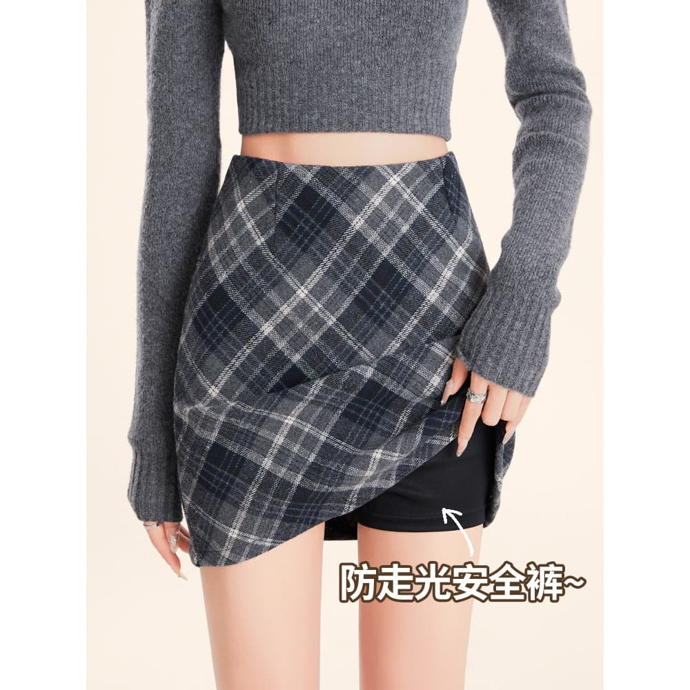 Saia xadrez de lã cinza feminina outono inverno forro de lã 2026 novo estilo cintura alta a linha pequena saia apertada
