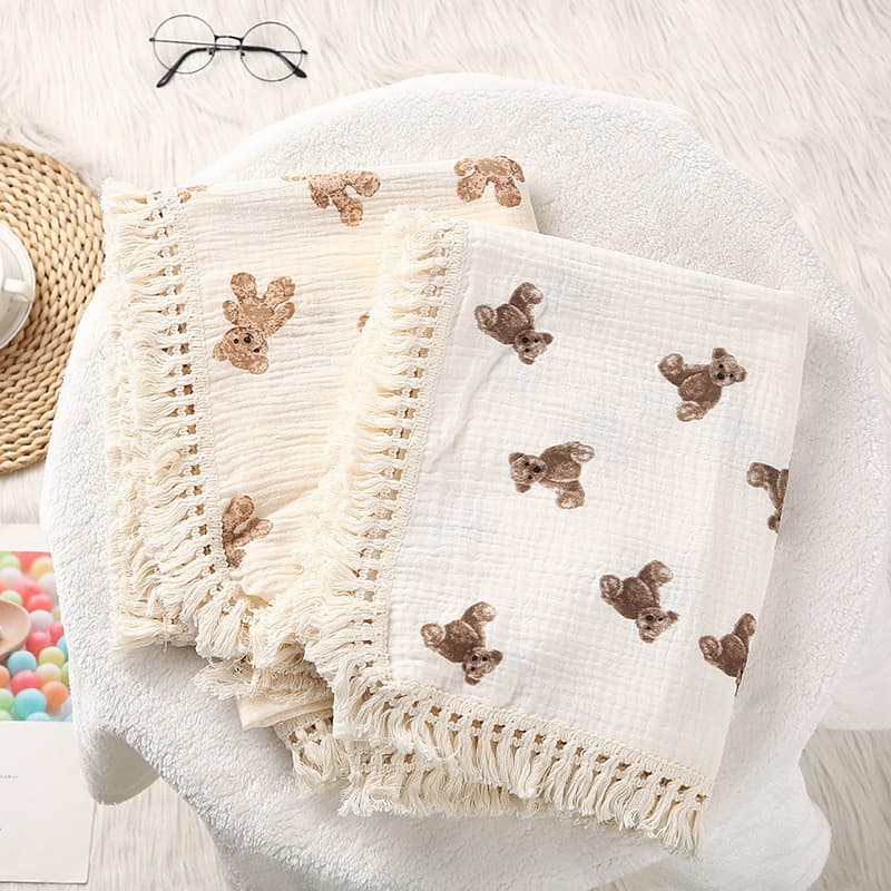 Manta infantil para comércio exterior, tecido crepe de dupla camada, 100% algodão puro, macia com franjas, capa elegante