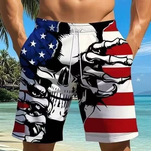 Bermuda Masculina com Estampa de Caveira Criativa, Calções de Praia Masculinos Casuais e Versáteis, Calções de Banho Mas