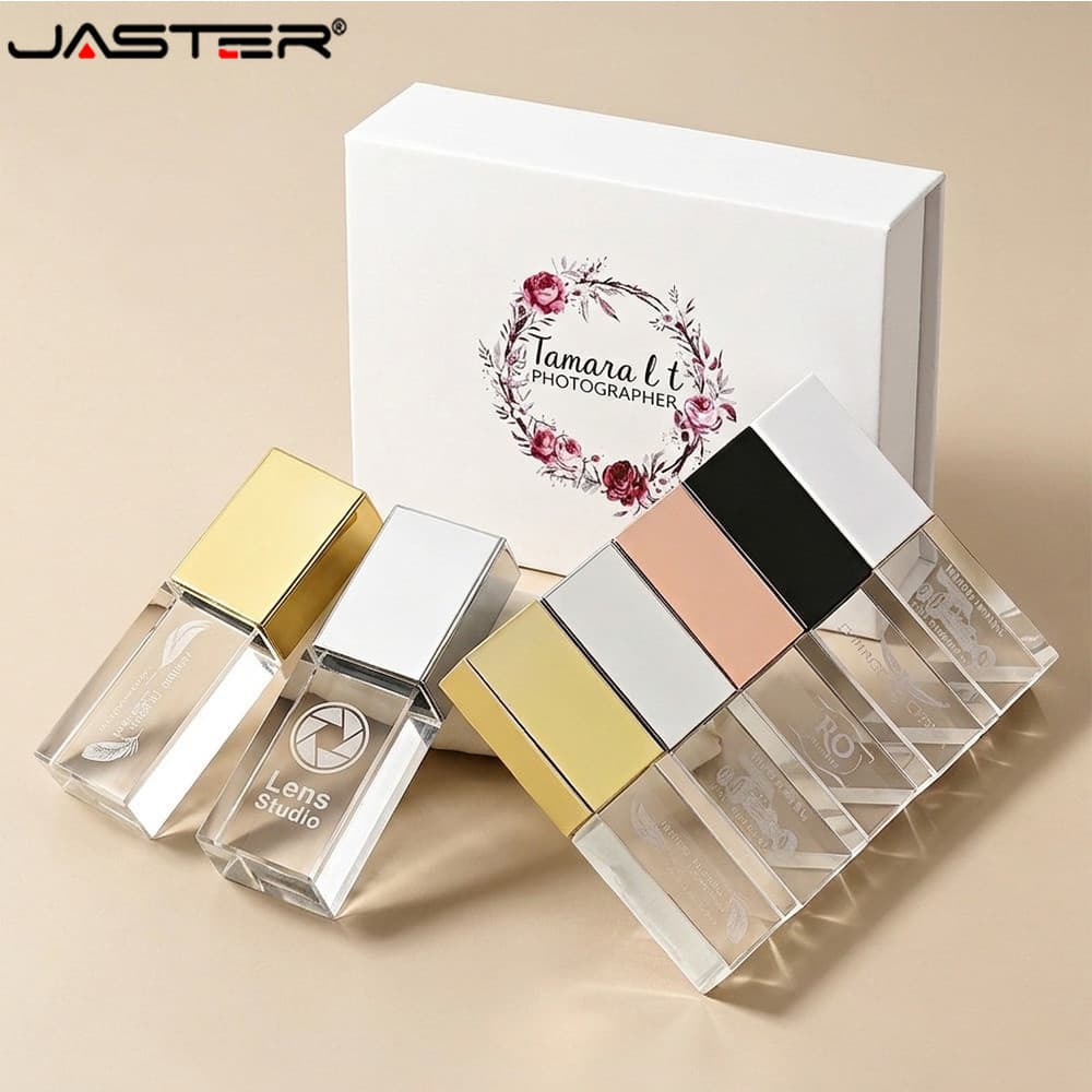 JASTER Crystal USB Flash Drive Com Caixa De Presente USB2.0 Logotipo Personalizado Gratuito 128 Gb 64 32 16 8 4 Pendrive