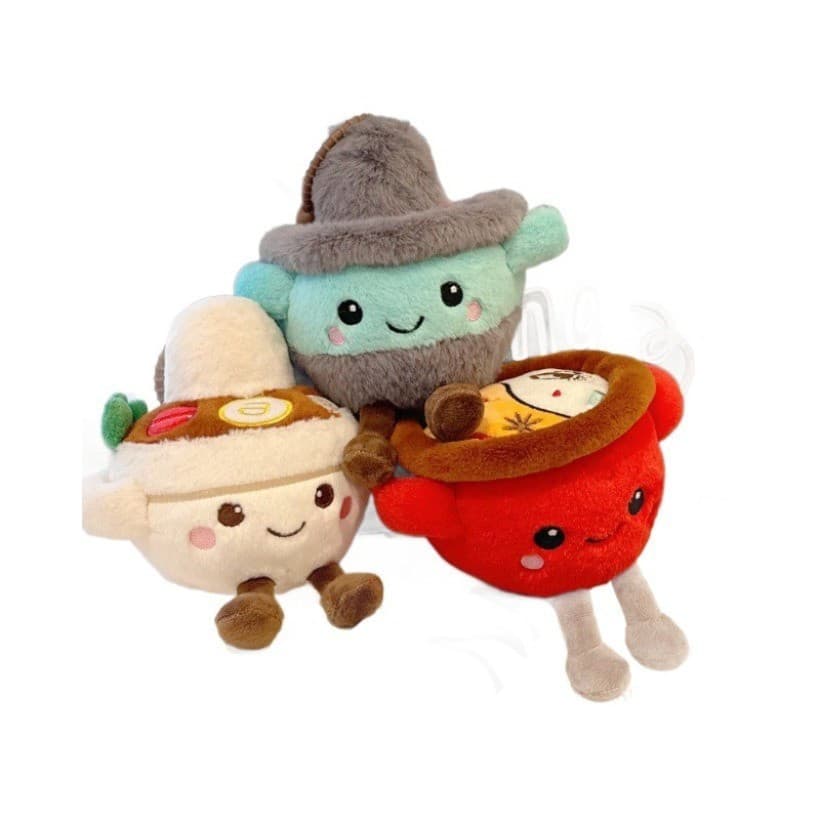 Super macio toque divertido pote quente mandarim pato pote fungo sopa pote boneca simulação comida pingente de pelúcia c
