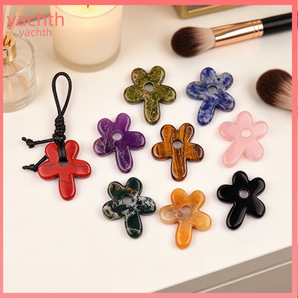 Natural Stone Pendant Keychain Charm Five-petal Flower with Hole – Round Carved Jewelry for Lanyards Chains Bracelets